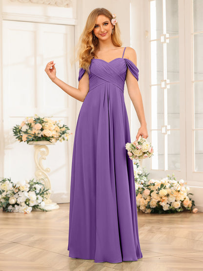 A-Line/Princesa Alças Finas Vestidos Longos de Festa de Casamento com Babados