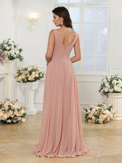 Vestidos Longos para Festa de Casamento com Decote em V e Fenda Lateral com Bolsos em Estilo A-Line/Princesa