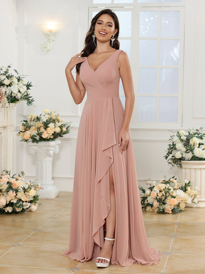 Vestidos Longos para Festa de Casamento com Decote em V e Fenda Lateral com Bolsos em Estilo A-Line/Princesa