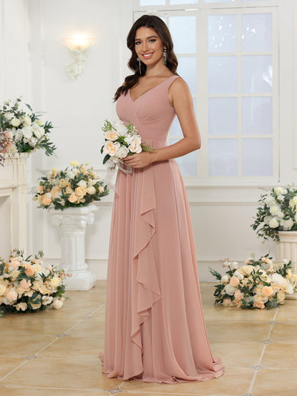 Vestidos Longos para Festa de Casamento com Decote em V e Fenda Lateral com Bolsos em Estilo A-Line/Princesa