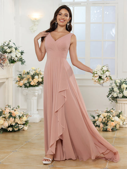 Vestidos Longos para Festa de Casamento com Decote em V e Fenda Lateral com Bolsos em Estilo A-Line/Princesa