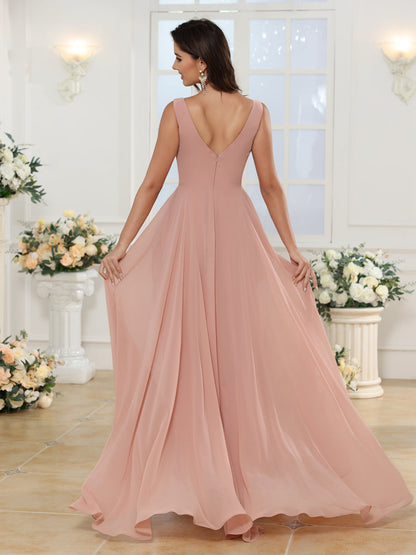 Vestidos Longos para Festa de Casamento com Decote em V e Fenda Lateral com Bolsos em Estilo A-Line/Princesa