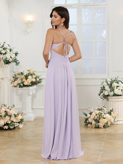 Vestidos Longos para Festa de Casamento com Alças Finas e Fenda Lateral em Estilo A-Line/Princesa