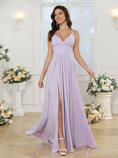 Vestidos Longos para Festa de Casamento com Alças Finas e Fenda Lateral em Estilo A-Line/Princesa