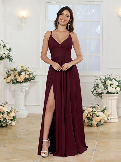 Vestidos Longos para Festa de Casamento com Alças Finas e Fenda Lateral em Estilo A-Line/Princesa