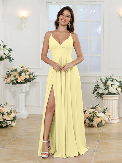 Vestidos Longos para Festa de Casamento com Alças Finas e Fenda Lateral em Estilo A-Line/Princesa