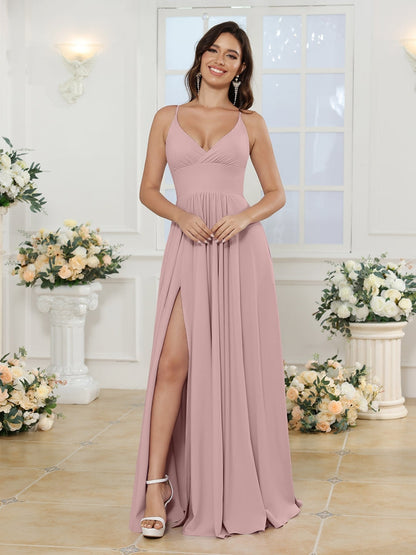 Vestidos Longos para Festa de Casamento com Alças Finas e Fenda Lateral em Estilo A-Line/Princesa