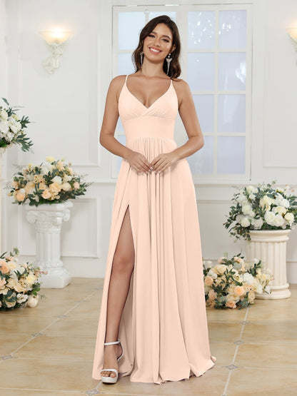 Vestidos Longos para Festa de Casamento com Alças Finas e Fenda Lateral em Estilo A-Line/Princesa