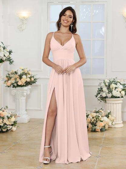 Vestidos Longos para Festa de Casamento com Alças Finas e Fenda Lateral em Estilo A-Line/Princesa