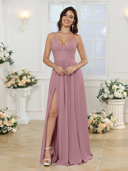 Vestidos Longos para Festa de Casamento com Alças Finas e Fenda Lateral em Estilo A-Line/Princesa