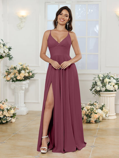 Vestidos Longos para Festa de Casamento com Alças Finas e Fenda Lateral em Estilo A-Line/Princesa