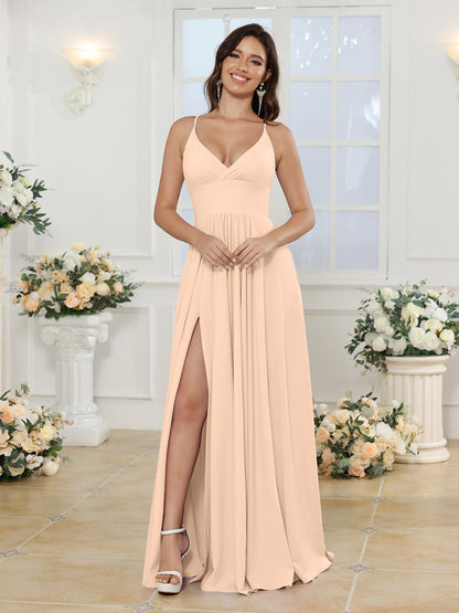 Vestidos Longos para Festa de Casamento com Alças Finas e Fenda Lateral em Estilo A-Line/Princesa
