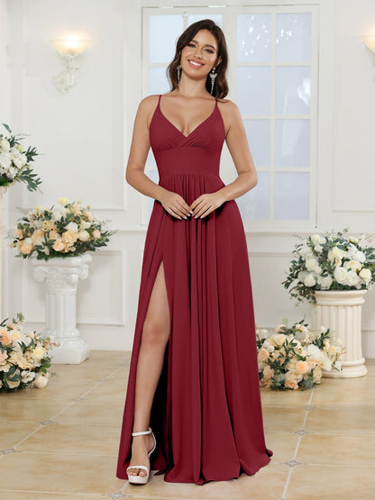 Vestidos Longos para Festa de Casamento com Alças Finas e Fenda Lateral em Estilo A-Line/Princesa