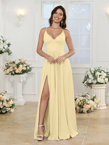 Vestidos Longos para Festa de Casamento com Alças Finas e Fenda Lateral em Estilo A-Line/Princesa