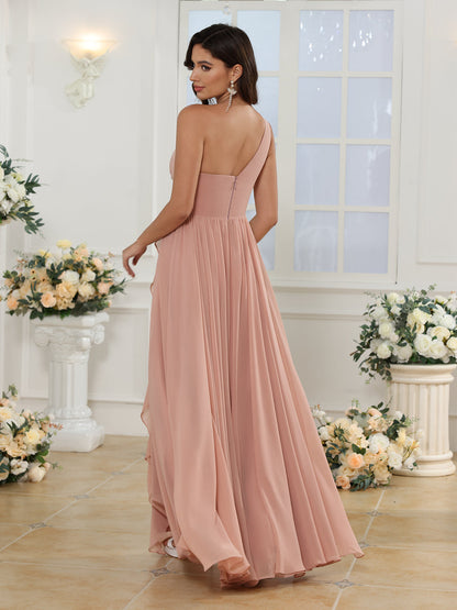 Vestidos Longos para Festa de Casamento de Um Ombro Só com Fenda Lateral em Estilo A-Line/Princesa