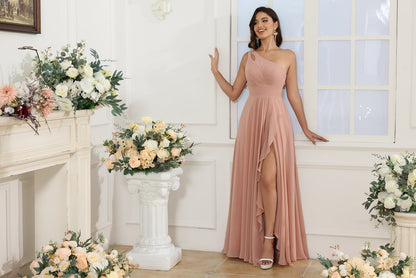 Vestidos Longos para Festa de Casamento de Um Ombro Só com Fenda Lateral em Estilo A-Line/Princesa